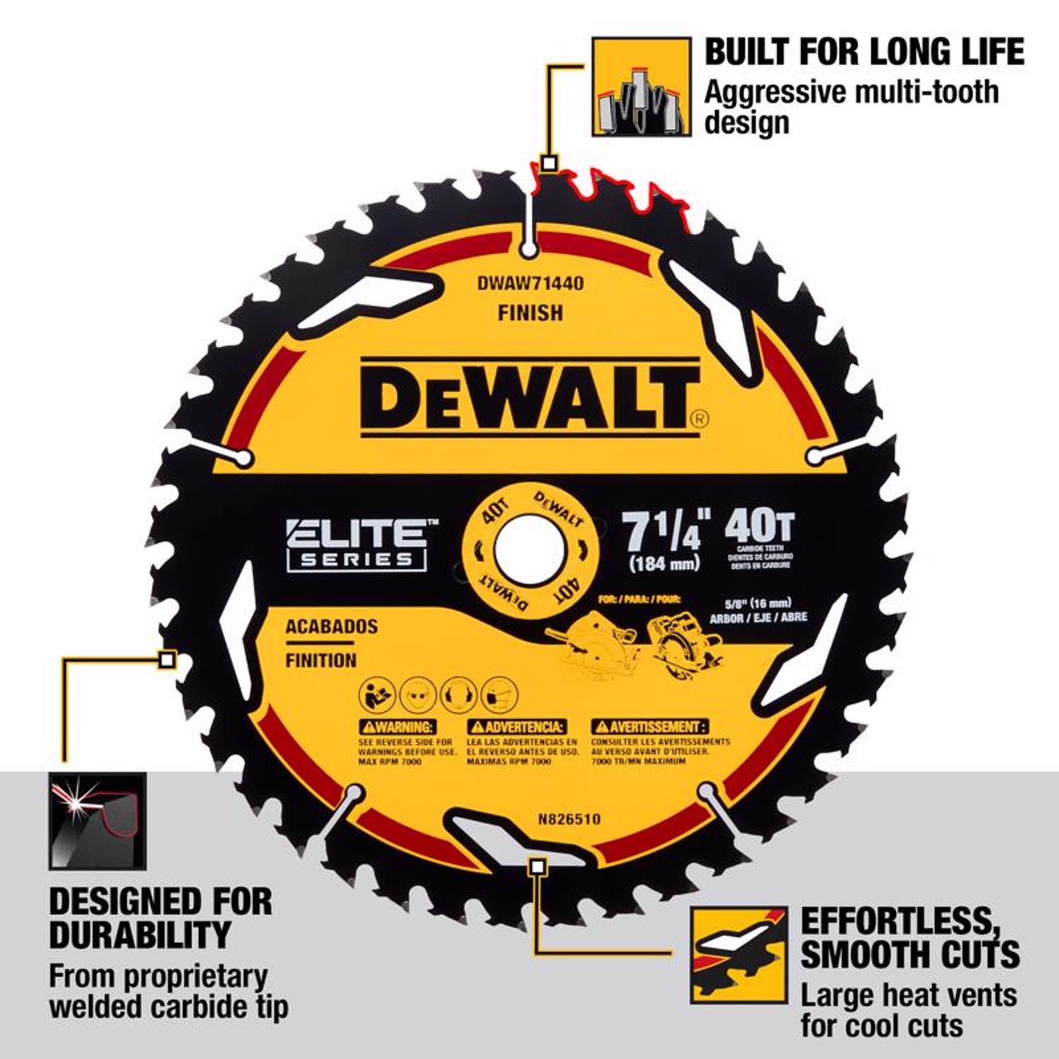 DW Elite Series 7-1/4 in. D X 5/8 in. Carbide Circular Saw Blade 40 teeth 1 pk