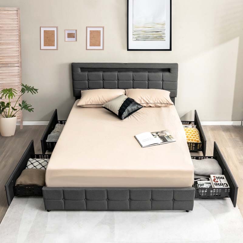 LED Upholstered Queen Bed Frame with 4 Drawers & USB Ports, Adjustable Tufted Headboard Platform Bed Frame