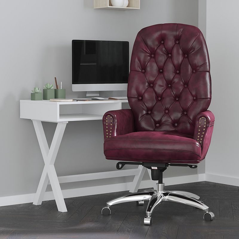 Merrick Lane Yennefer Burgundy Faux Leather Office Chair with Ergonomic Lumbar Support and Button Tufted High-Back Design