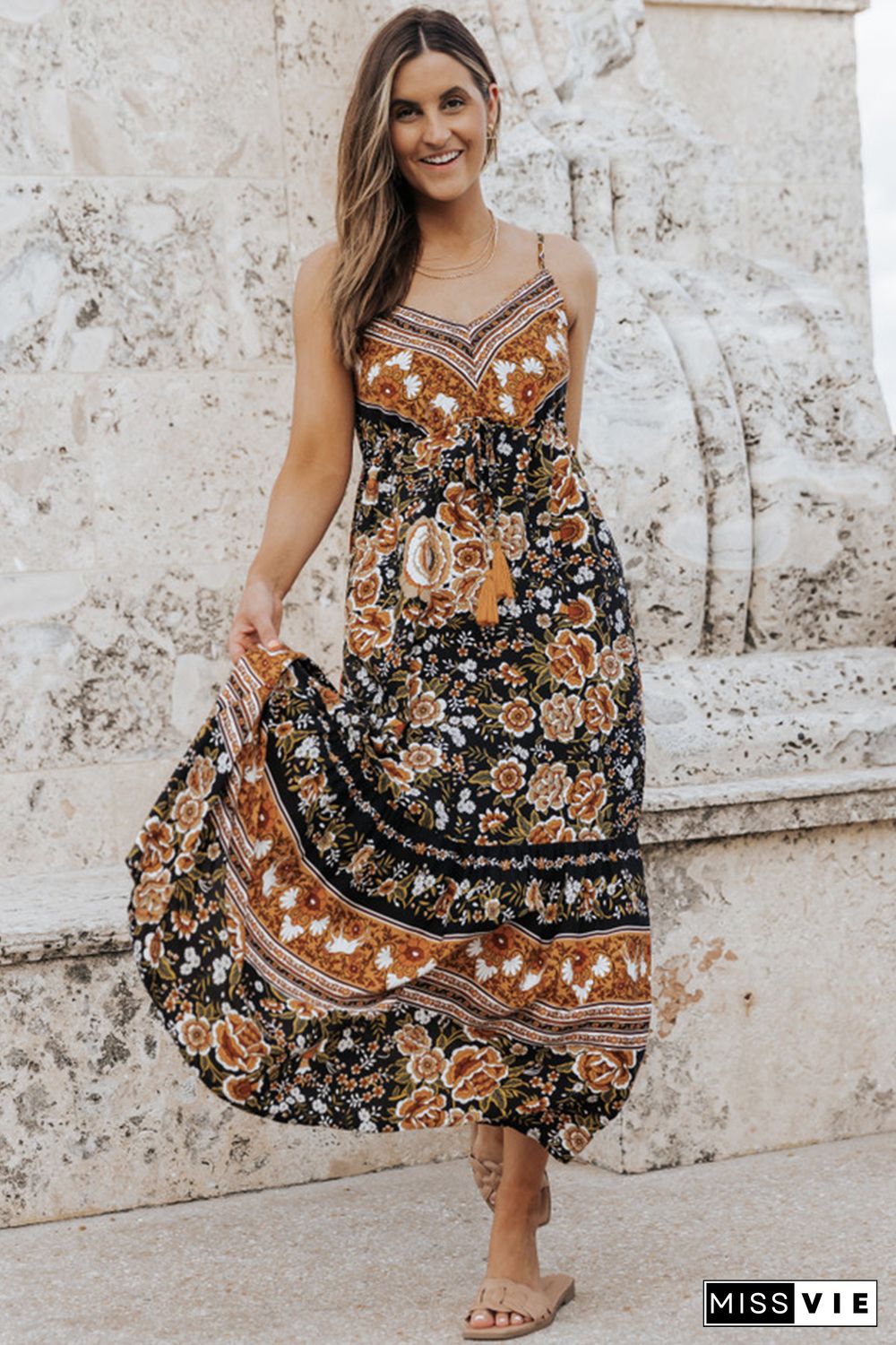 Black Retro Boho Floral Tassel Tie Maxi Dress