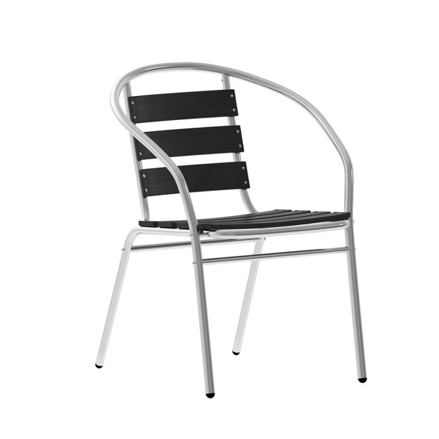 Emma And Oliver Aluminum Commercial Indoor outdoor Restaurant Stack Chair With Triple Slat Faux Teak Back