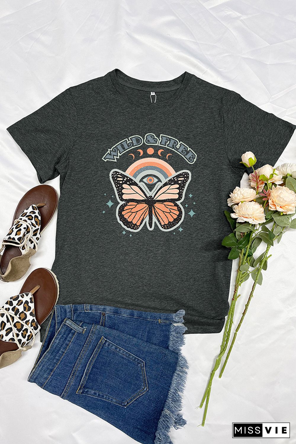 Wild and Free,Butterfly Graphic Tee Wholesale