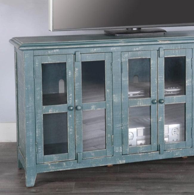 70 quotDistressed Sea Glass Blue TV Stand With Glass Doors   Farmhouse   Entertainment Centers And Tv Stands   by Sideboards and Things  Houzz