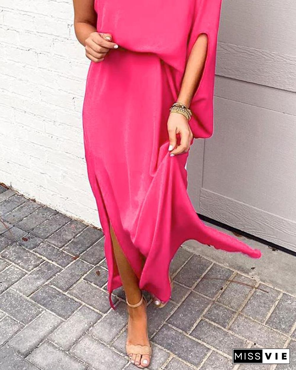 Solid One Shoulder Slit Dress P15239