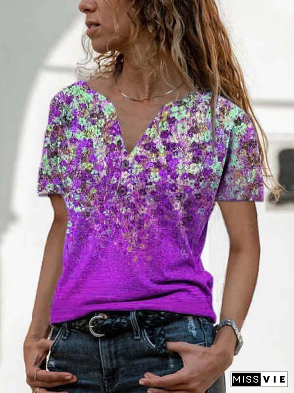 Women's Short Sleeve V-neck Floral Printed Tops T-shirts