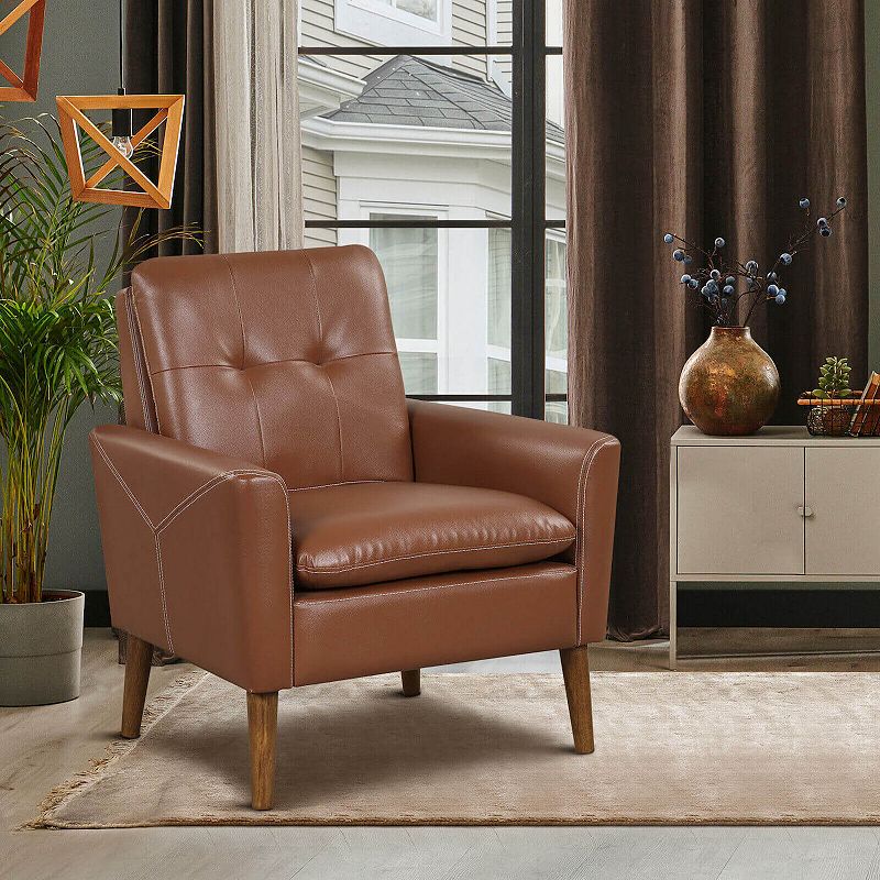 Modern PU Leather Accent Chair with Solid Wood Legs-Brown