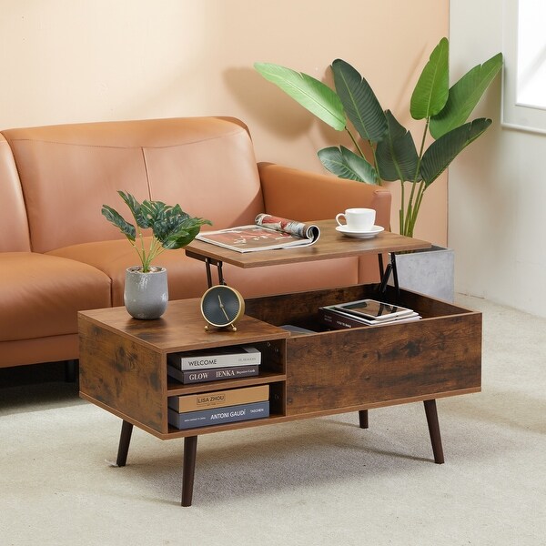 Modern Wooden Lift Top Coffee Table with Storage Shelf and Hidden Compartment