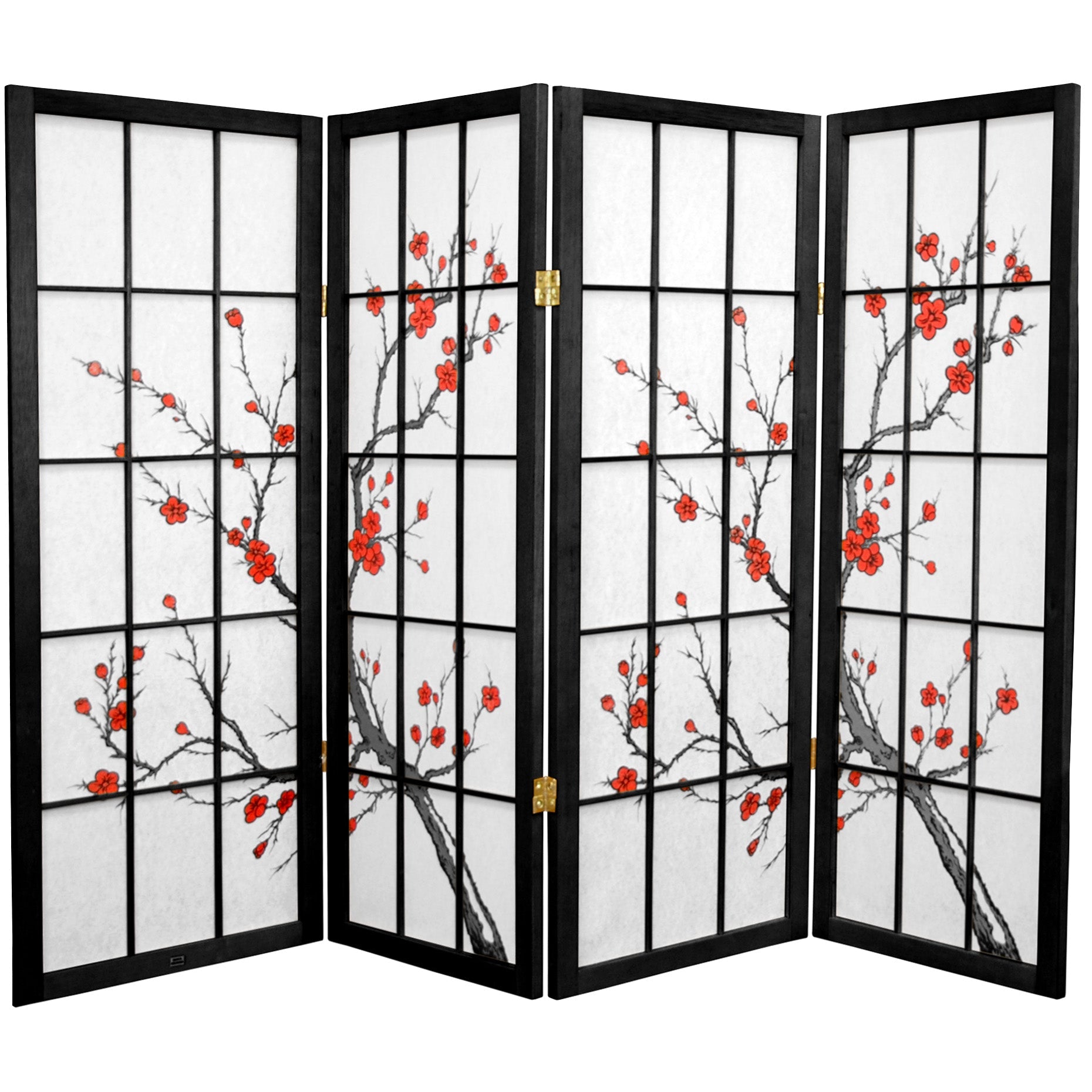 Oriental Furniture 4 ft. Tall Cherry Blossom Shoji Screen - Black - 4 Panel