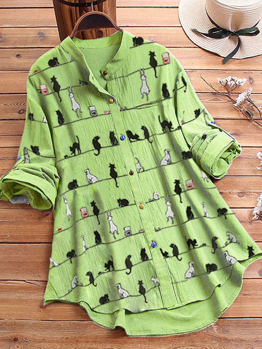 40% Off Cat Print Color Button Casual Long Blouse