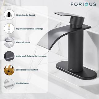 FORIOUS Single-Handle 1 or 3 Hole Waterfall Bathroom Faucet Bathroom Sink Faucet Black HH0305B