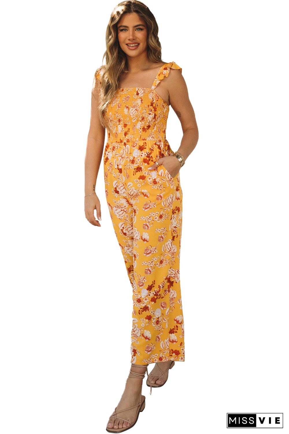 Yellow Floral Print Ruffle Shoulder Smocked Wide Leg Jumpsuit