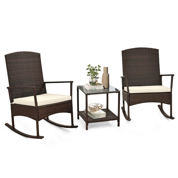 Tangkula 3 Pieces Rocking Wicker Bistro Set Outdoor Front Porch Rocker Chairs Conversation Set