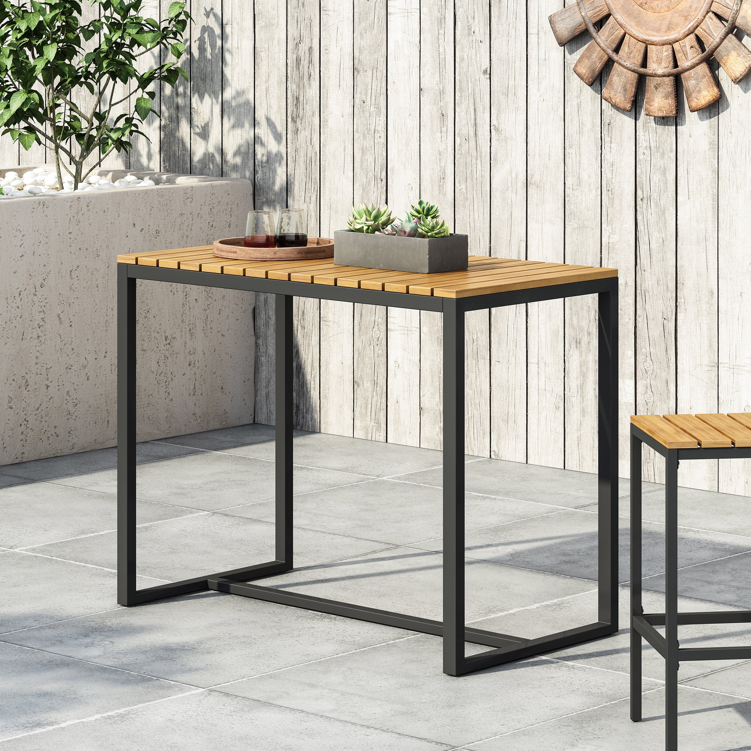 Arath Outdoor Modern Industrial Acacia Wood Bar Table