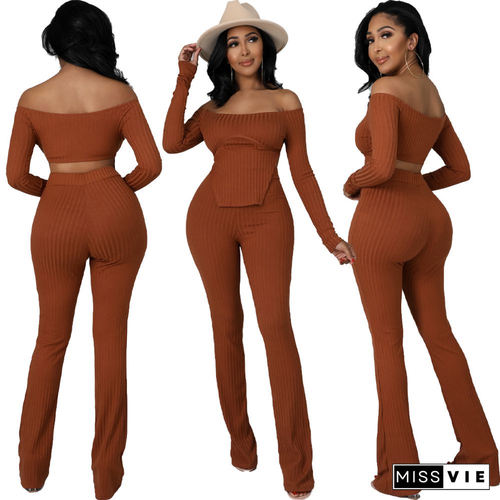 Off Shoulder Long Sleeve Top Flared Pants Set