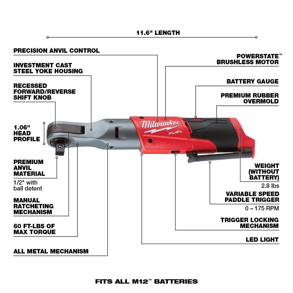 MW M12 FUEL 12V Lithium-Ion Brushless Cordless 38 in. and 12 in. Ratchet with Two 3.0 Ah Batteries 2557-20-2558-20-48-11-2412