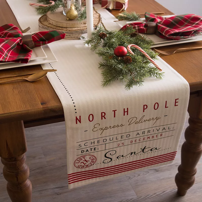 14 x 72 Beige and Red Santa's Workshop Themed Printed Rectangular Table Runner