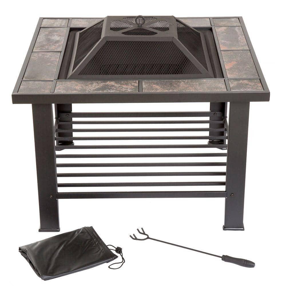 Pure Garden 30 in Square Steel Fire Pit and Table with Cover