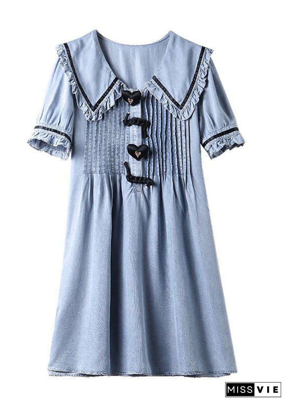 Cute Light Blue Peter Pan Collar Wrinkled Cotton Denim Dress Summer