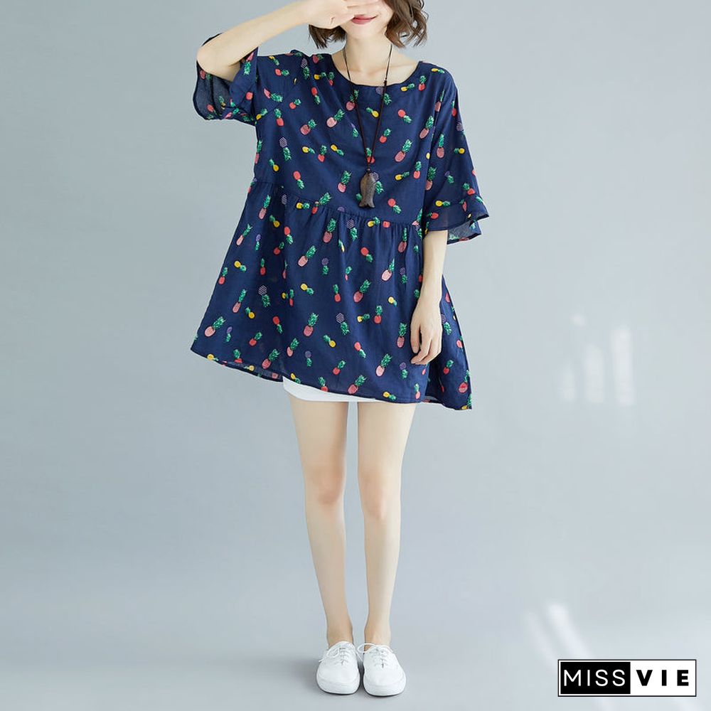 fine blue cotton shift dresses plus size clothing maxi dress casual Half sleeve floral v neck cotton dress