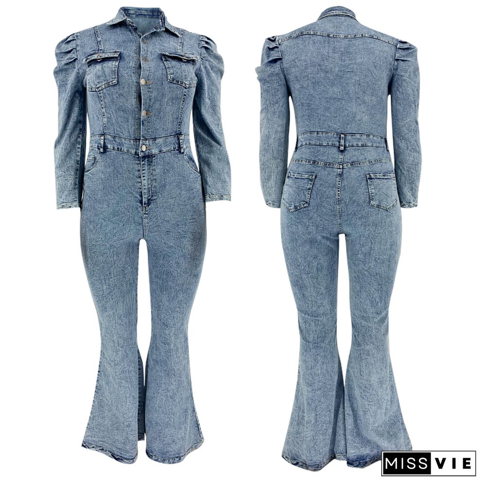 Winter Women Skinny Full Sleeve Denim Flare Jeans Jumpsuit