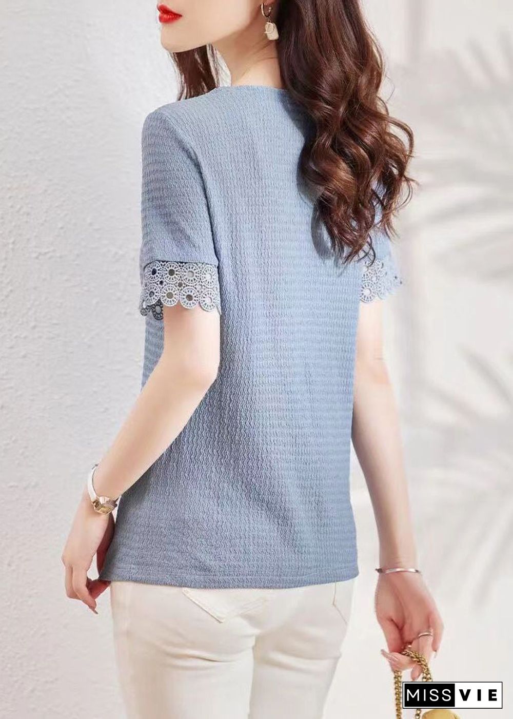 Modern Blue V Neck Hollow Out Lace Patchwork Shirt Summer