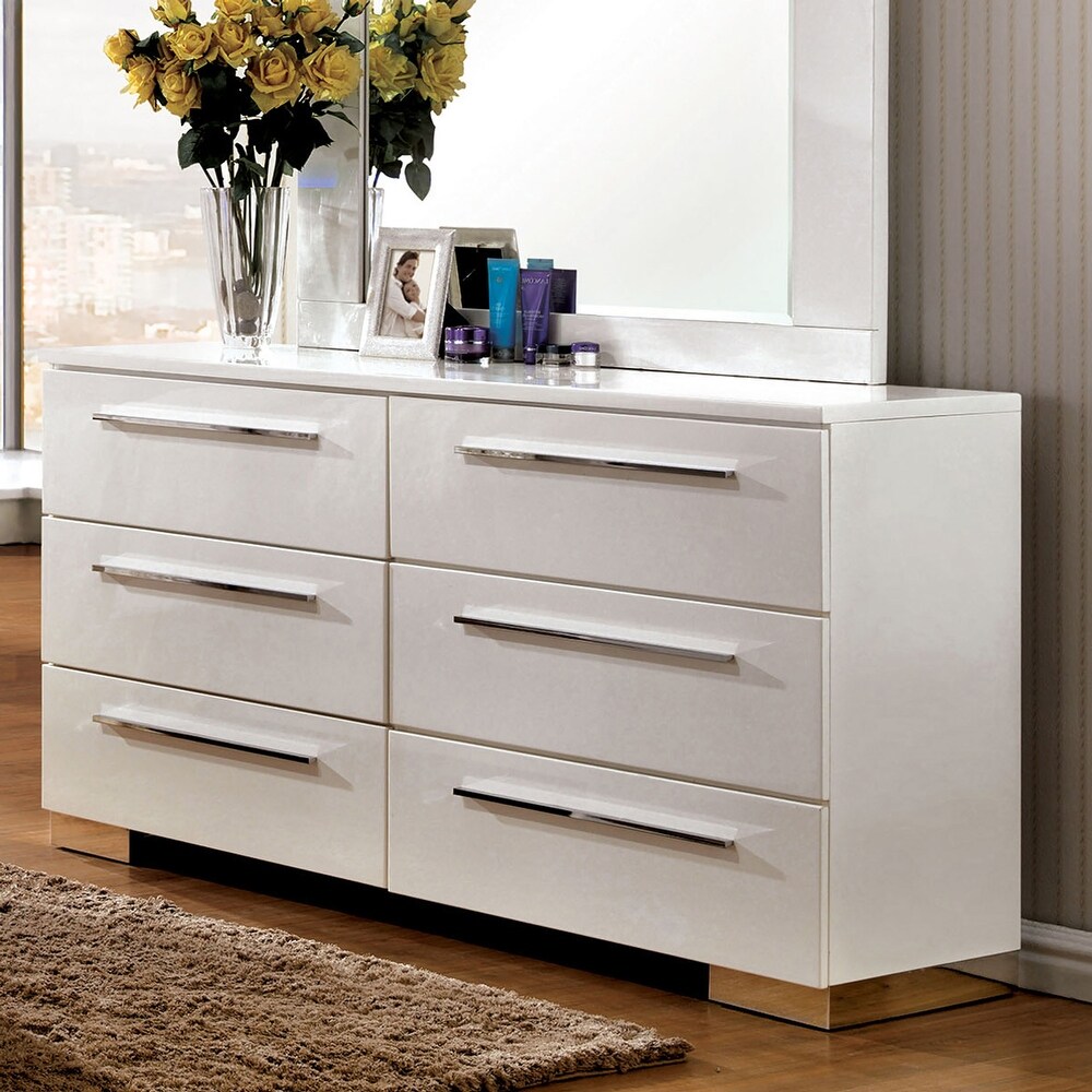 Rema Contemporary Glossy White 63 inch Wide 6 Drawer Wood Dresser by Furniture of America