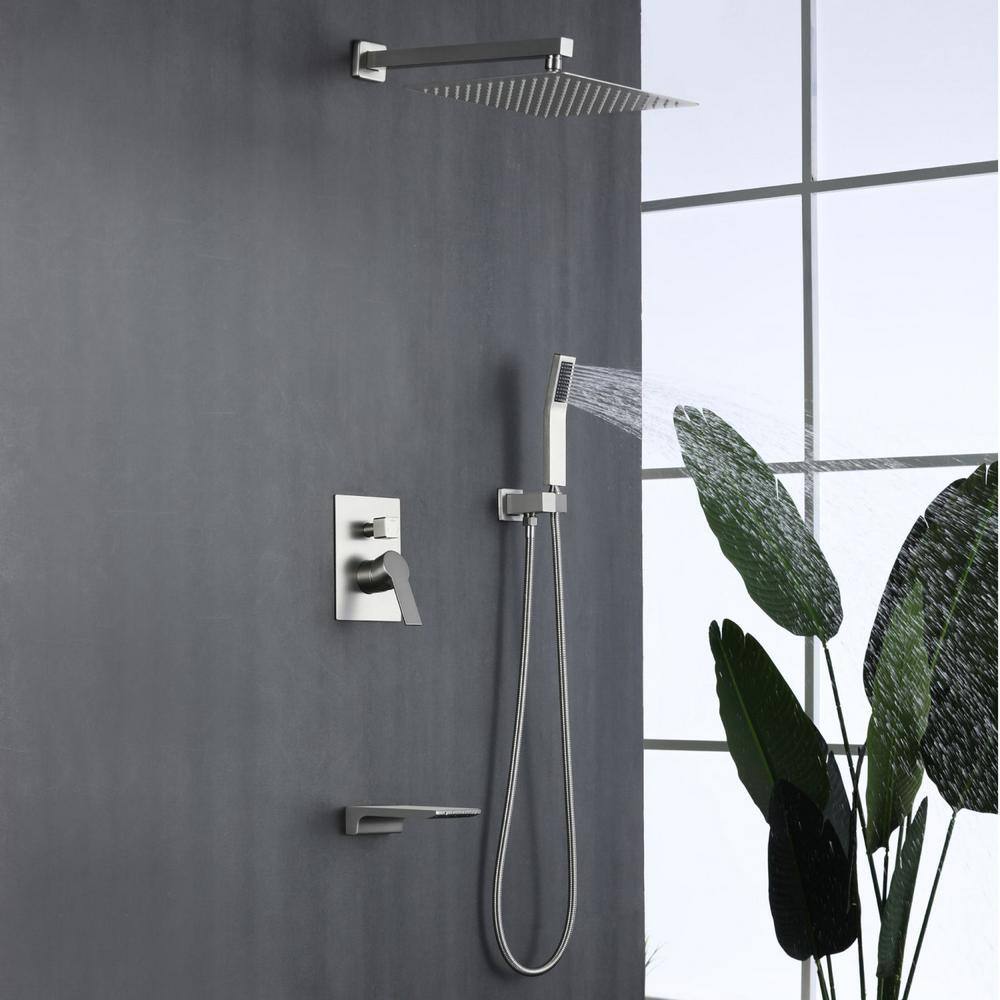 Satico Single-Handle 1-Spray Tub and Shower Faucet with Handheld Shower 12 in. Shower Head in Brushed Nickel (Valve Included) SS88004DA