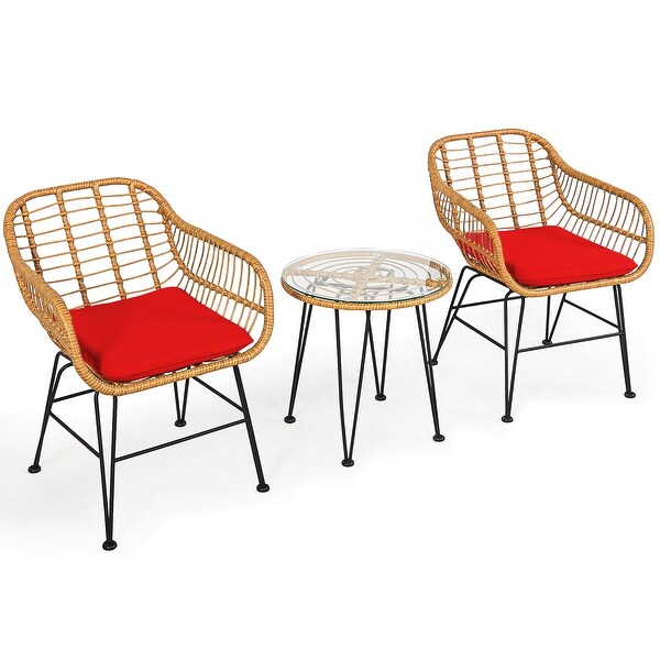 Costway 3PCS Patio Rattan Bistro Furniture Set Cushioned Chair Table