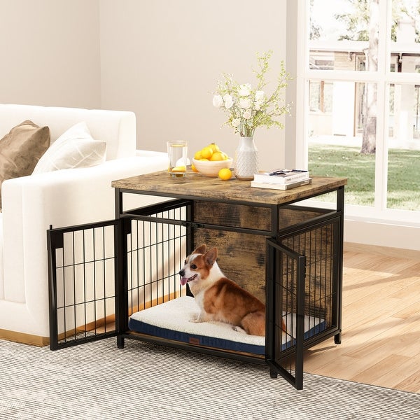 Grondin Rustic Industrial Style Wooden Dog Crate Dog Kennel with Three Lockable Doors， Indoor Pet Furniture Dog House End Table