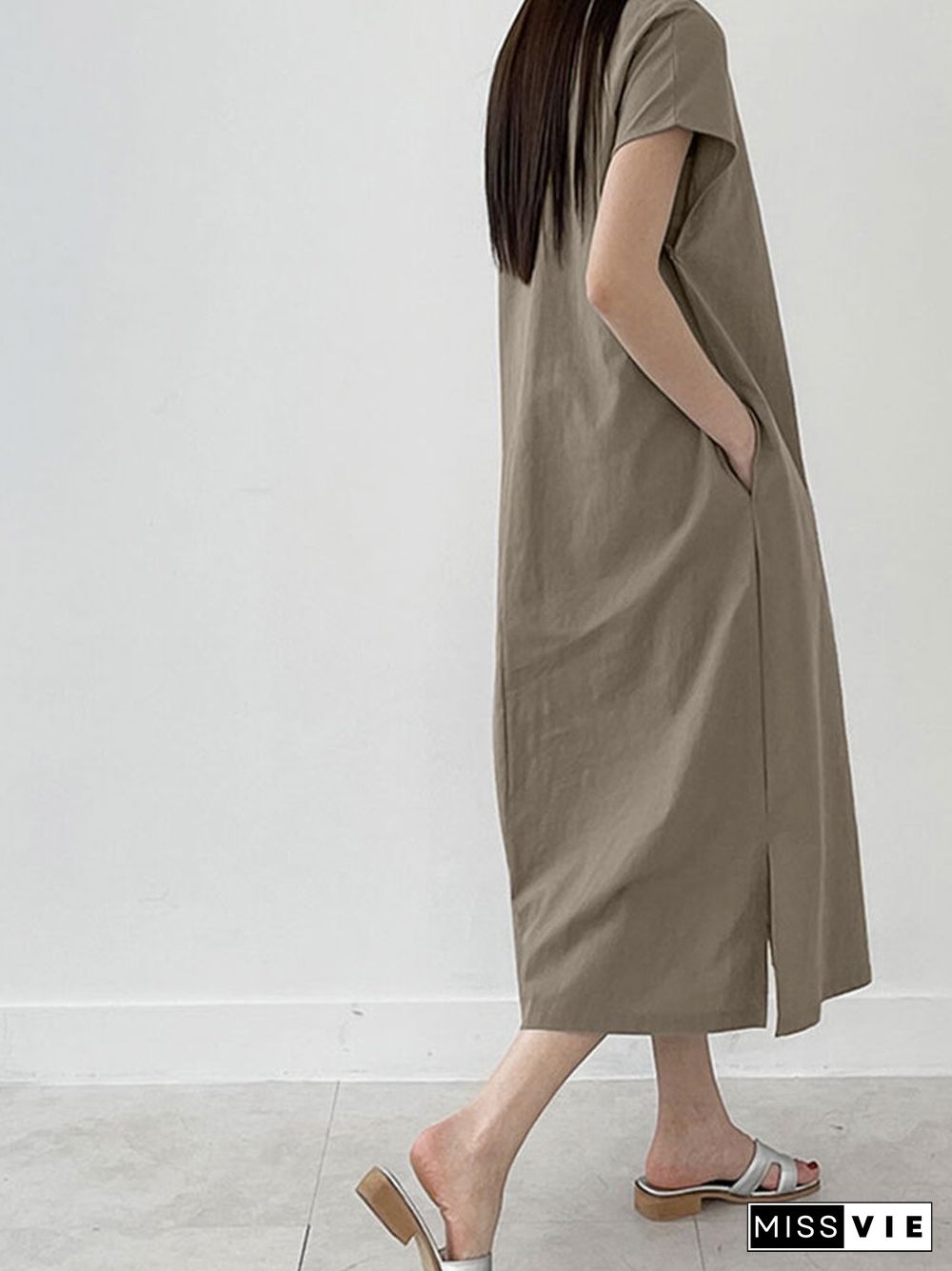 Cotton Solid Split Pocket Short Sleeve Casual Midi Dress