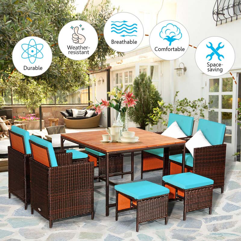 9 Pcs Rattan Wicker Outdoor Patio Dining Set with Acacia Wood Dining table, 4 Ottomans, 4 Cushioned Armchairs