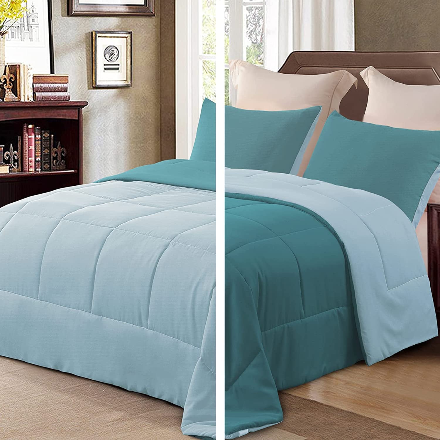 Exclusivo Mezcla Lightweight Reversible 3-Piece Comforter Set for All Seasons， Down Alternative Comforter with 2 Pillow Shams， Queen Size， Teal/Spa Blue