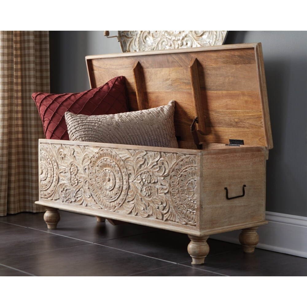 Fossil Ridge Antique White Carved Medallion Storage Bench