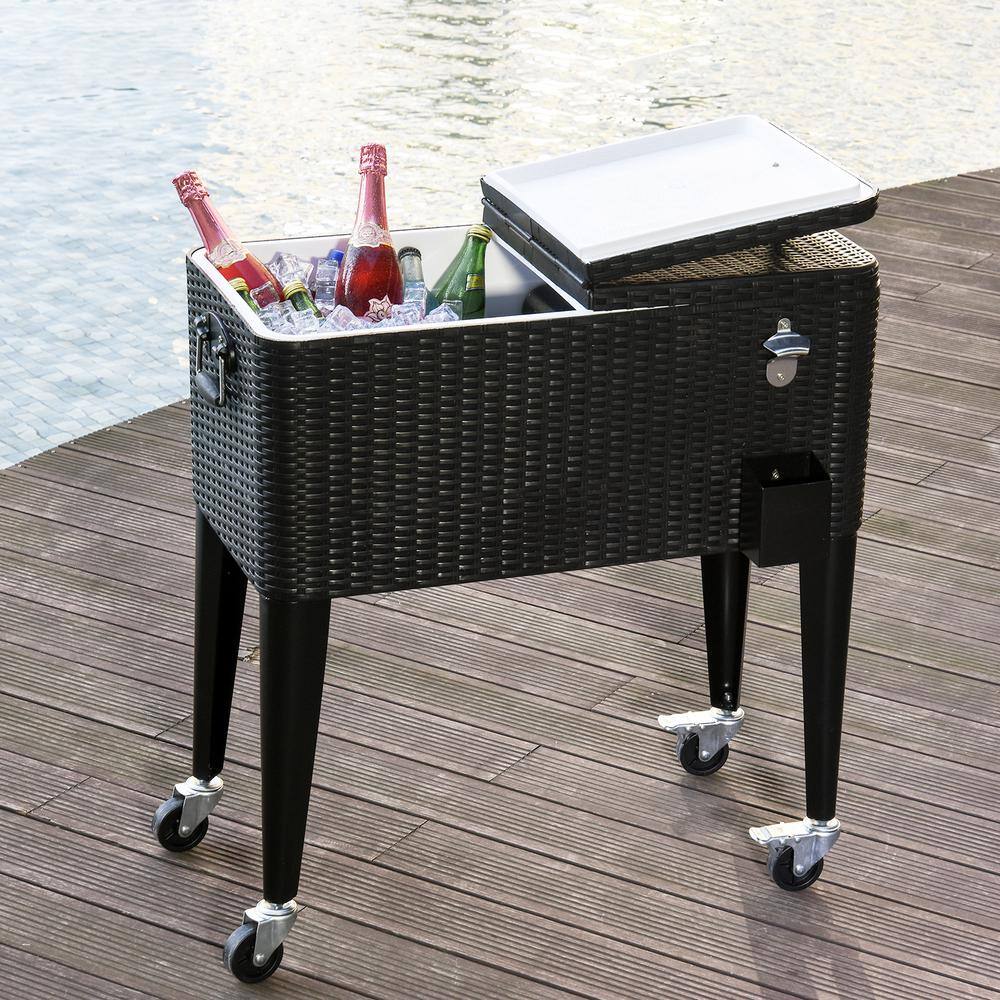 Outsunny 80 Quart Stainless Steel Outdoor Patio Rolling Cooler Cart with 4 Wheels and a Drain with Plug - Dark Brown B2-0013