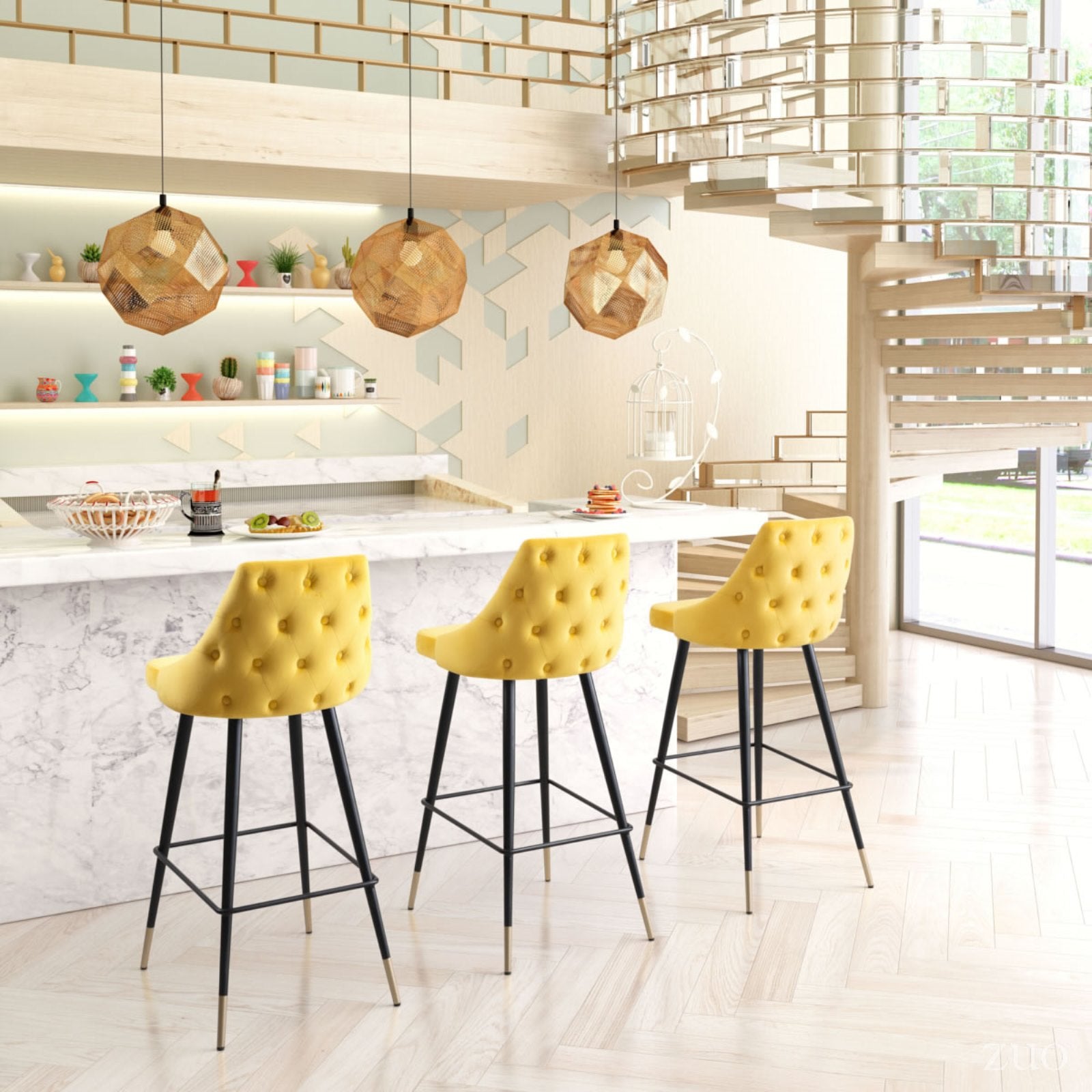 Modern Contemporary Bar Side Stool Chair Barstool， Yellow， Velvet Fabric Stainless Steel