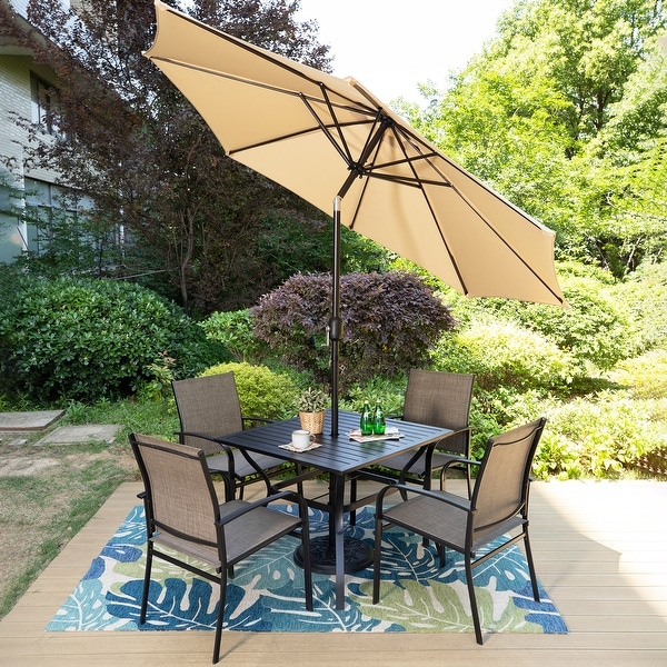 MAISON ARTS 6Piece Patio Dining Set，37 Inch Square Metal Table and 4 Textilene Dining Chairs with 9ft Patio Umbrella