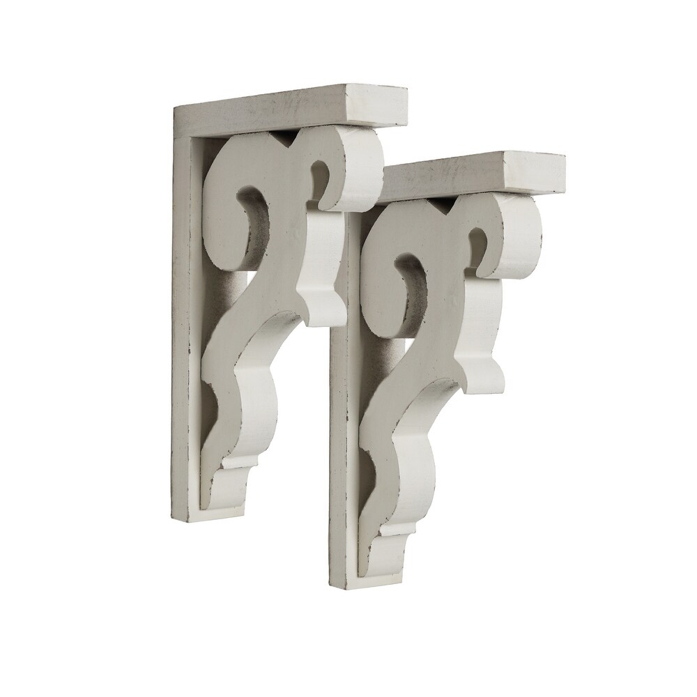 Whitewashed Antique Wood Corbel Wall Shelf Brackets (Set of 2)