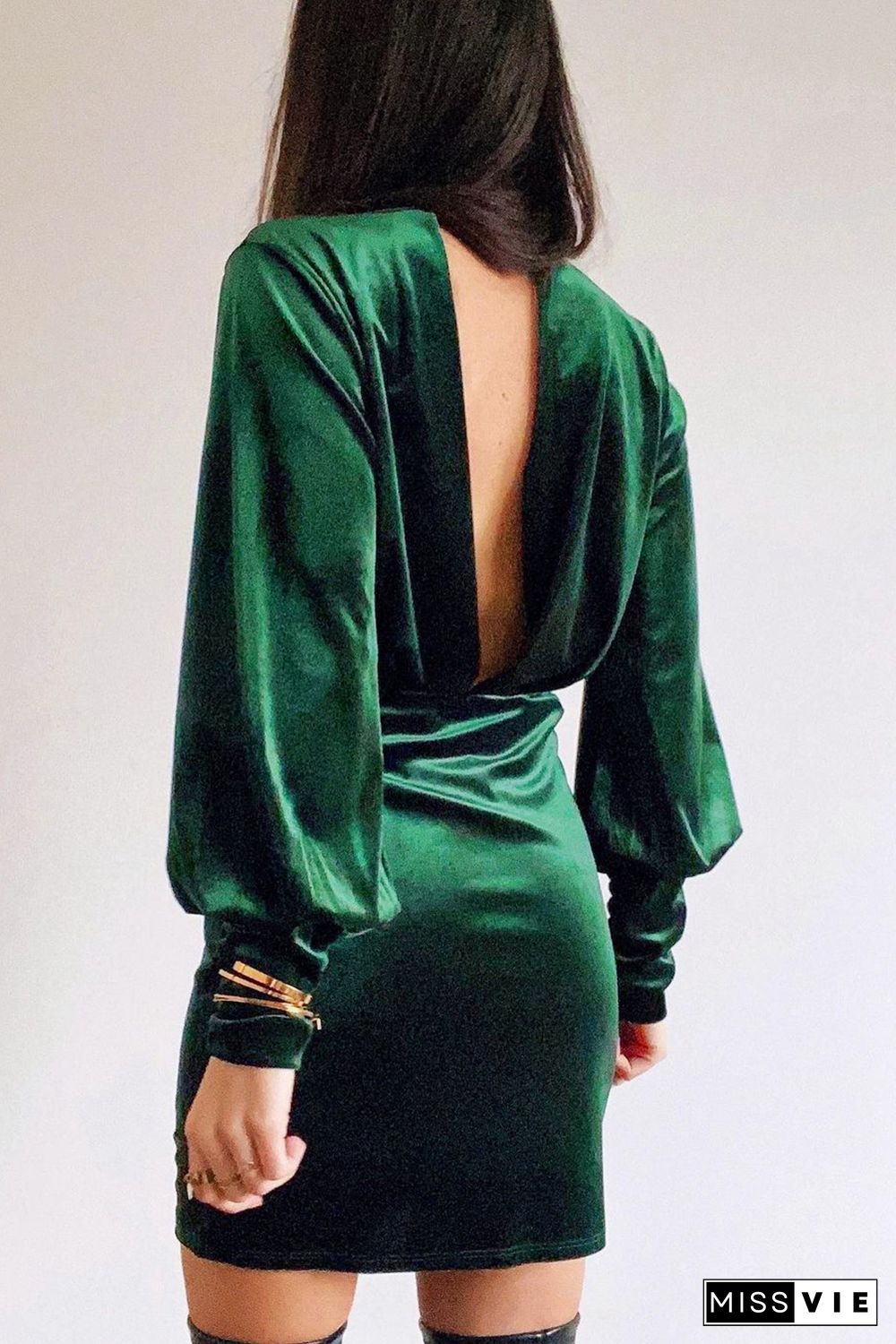 Green Mock Neck Long Sleeve Ruched Velvet Mini Dress with Hollow-out Back