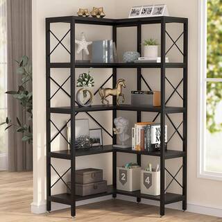 BYBLIGHT Eulas 66 in. Black Wood 5 Shelf Corner Bookshelf Large Modern Corner Bookcase 5-Tier Tall Corner Shelf Storage BB-JW0236XF