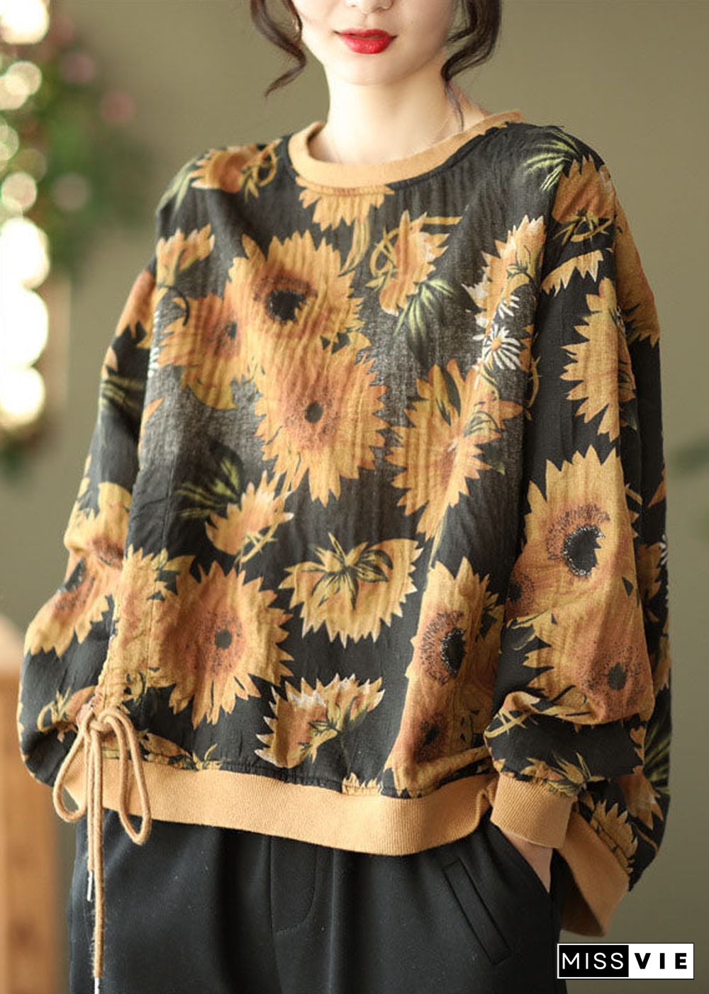 DIY Black O-Neck wrinkled drawstring Floral Print Pullover Sweatshirt Spring