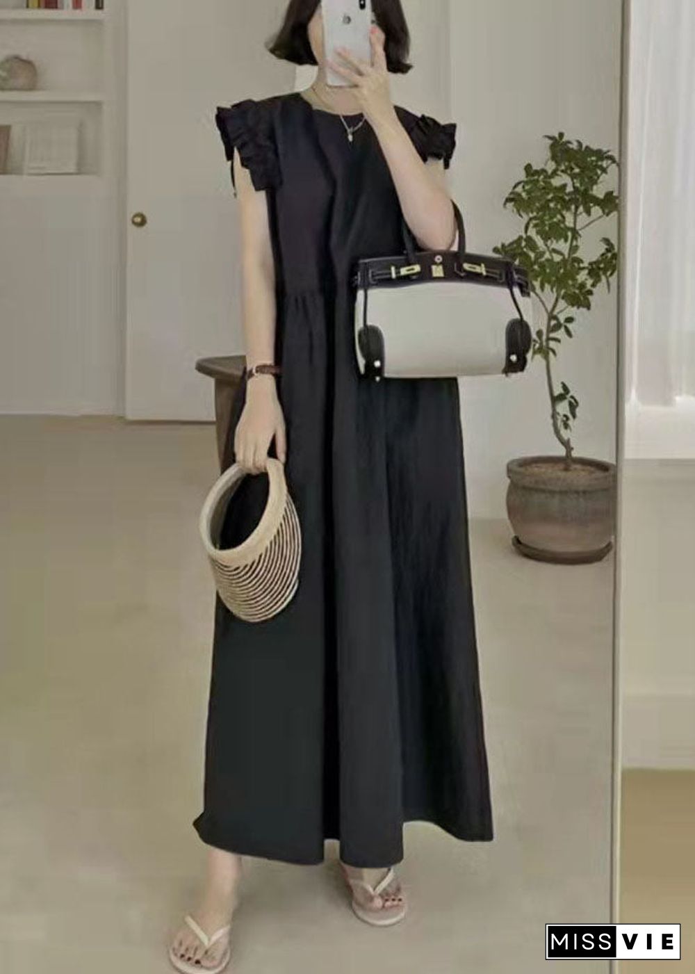 Black Patchwork Cotton Maxi Dresses Ruffled Summer