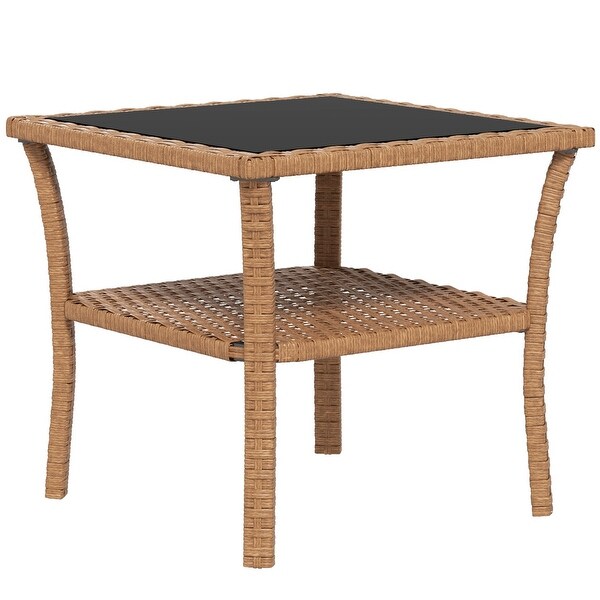 Rattan Side Table，Outdoor End Table with Storage Shelf，Aluminum Frame Square，Coffee Table with Tempered Glass Top