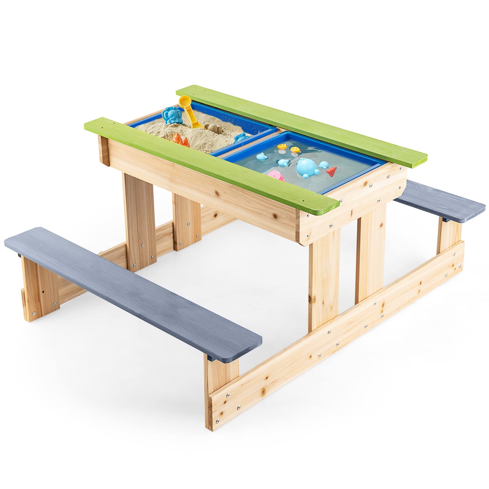 Costzon Kids Picnic Table, 3 in 1 Multipurpose Sand & Water Table w/Removable Top & 2 Storage Boxes