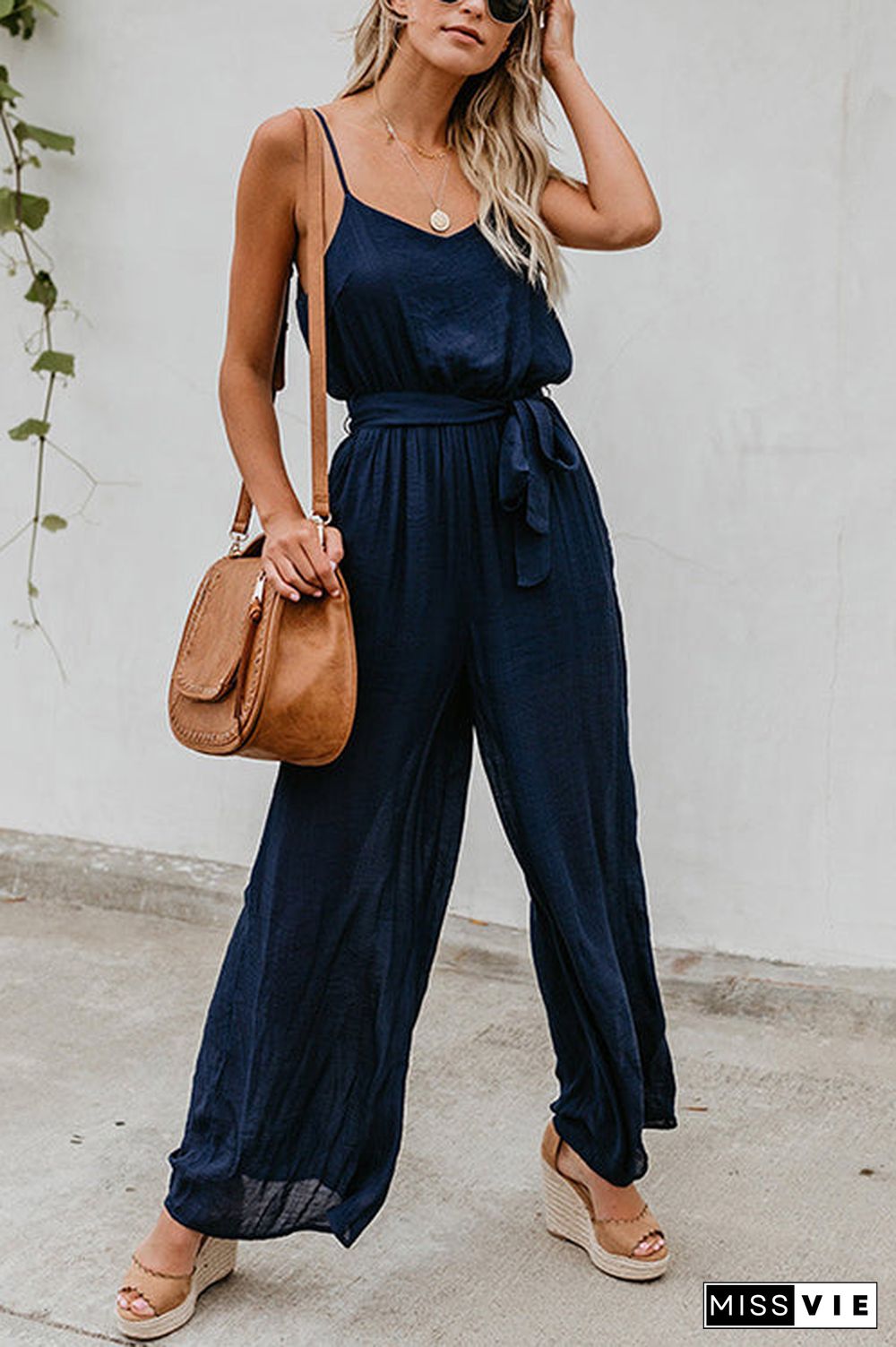 Flowy V Neck Belted Slip Jumpsuits