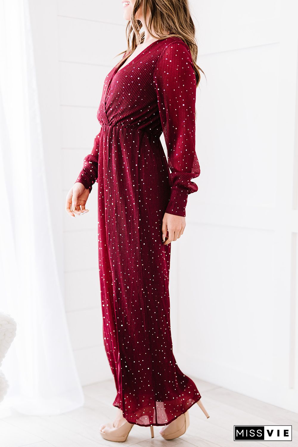 Wine Red Side Split Rhinestone V Neck Maxi Dress