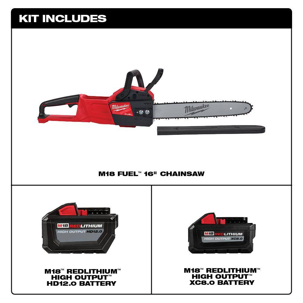 MW M18 FUEL 16 in. 18-Volt Lithium-Ion Brushless Battery Chainsaw with 12 Ah and 8 Ah Batteries 2727-20-48-11-1812-48-11-1880