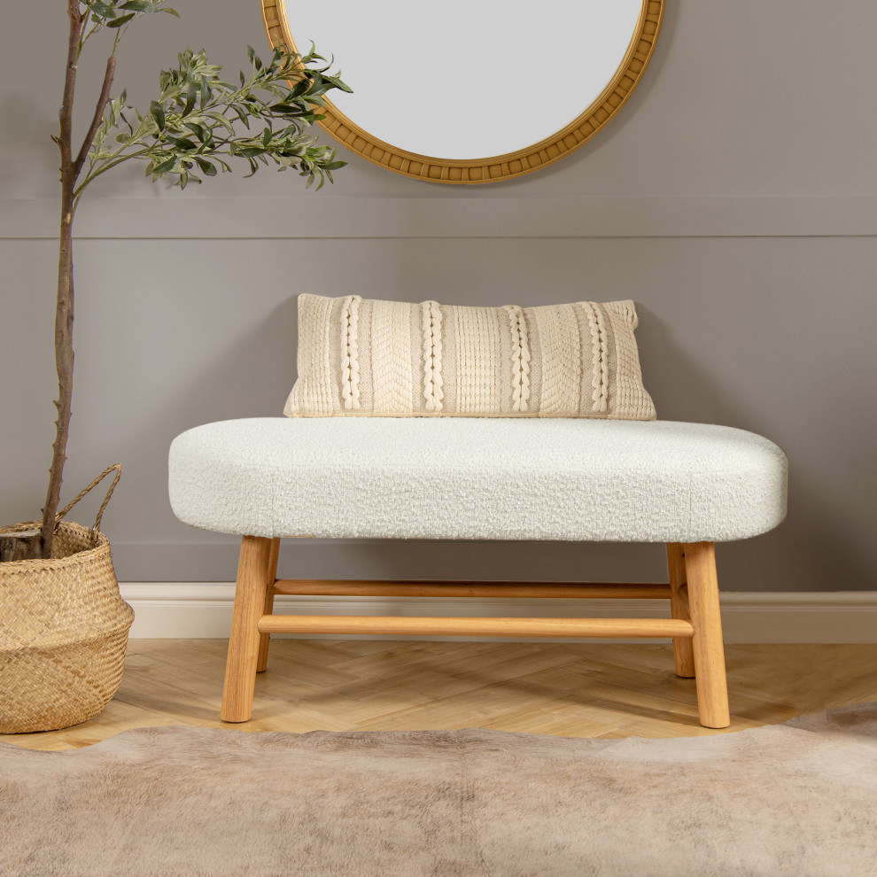 Fuji 42 quotUpholstered Accent Bench with Natural Wood Legs  Ivory White Boucle   Midcentury   Upholstered Benches   by Jennifer Taylor Home  Houzz