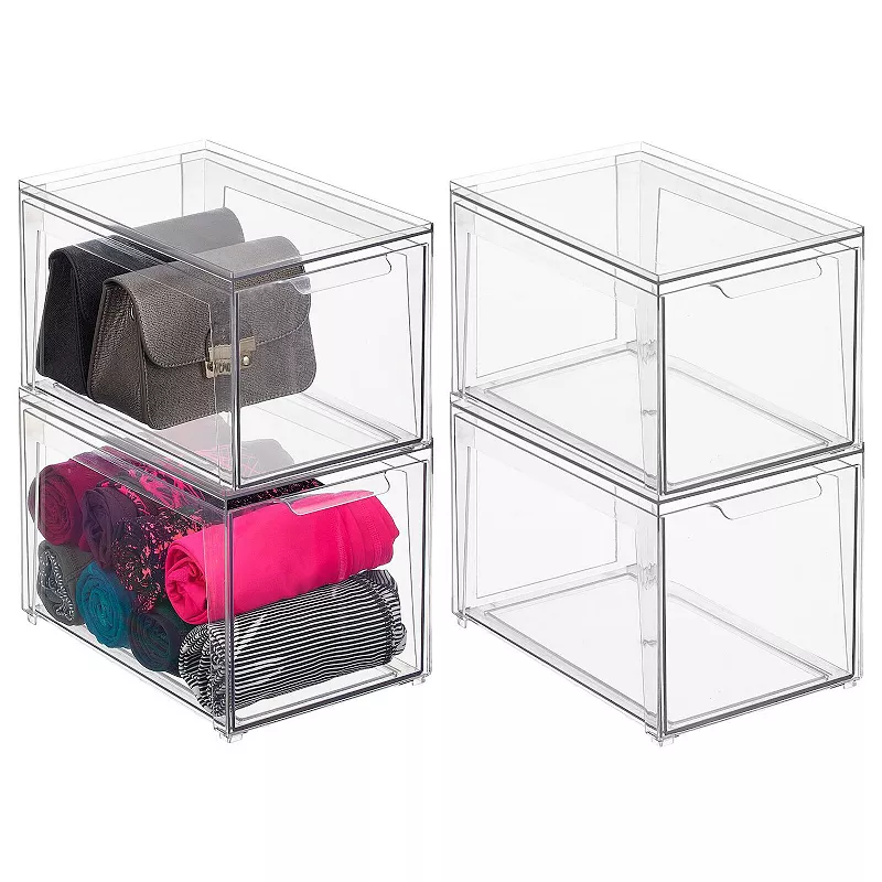 mDesign Clarity 12 x 8 x 8 Plastic Stacking Closet Storage Organizer Bin with Drawer， 4 Pack