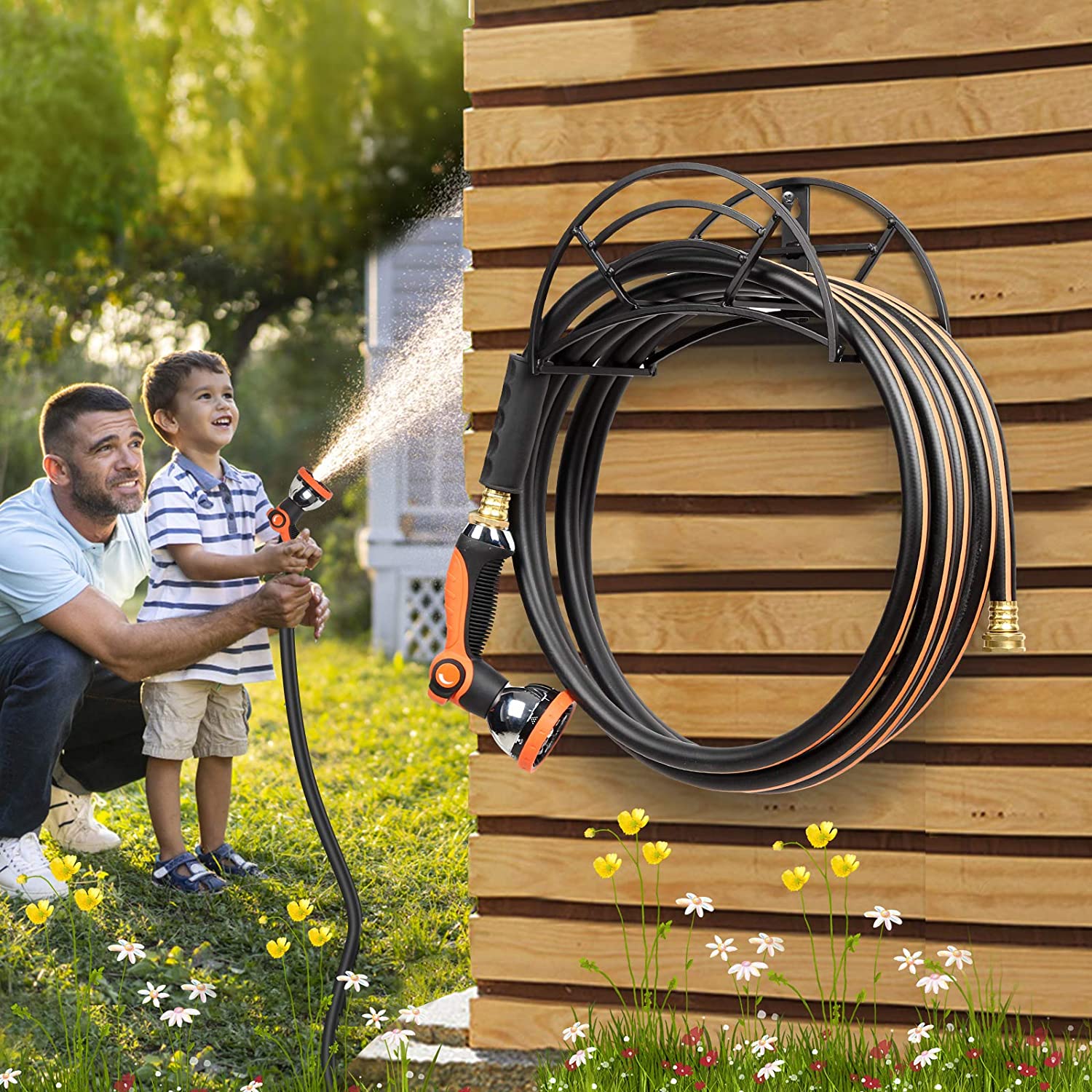 Garden Hose Holder Heavy Duty Water Hose Holder Wall Mount Hose Hanger Decorative Durable Garden Hose Storage Hose Reel Solid Metal Hose Stand Sturdy Hose Holders for Outside Yard， Black