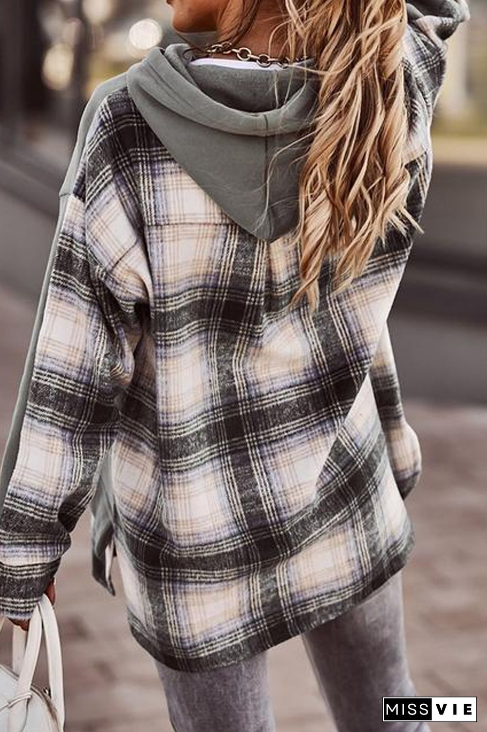 KarliDress Trendy Plaid Patchwork Hooded Sweatshirt P12854